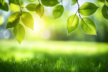 "Fresh Green Leaves with Sunlight in Spring Nature Background"