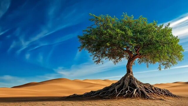 Solitary tree with expansive roots against desert landscape under dynamic sky