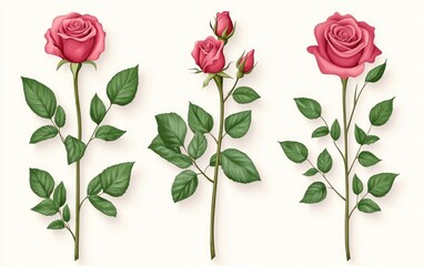 Fototapeta premium Three Elegant Pink Roses with Lush Green Foliage