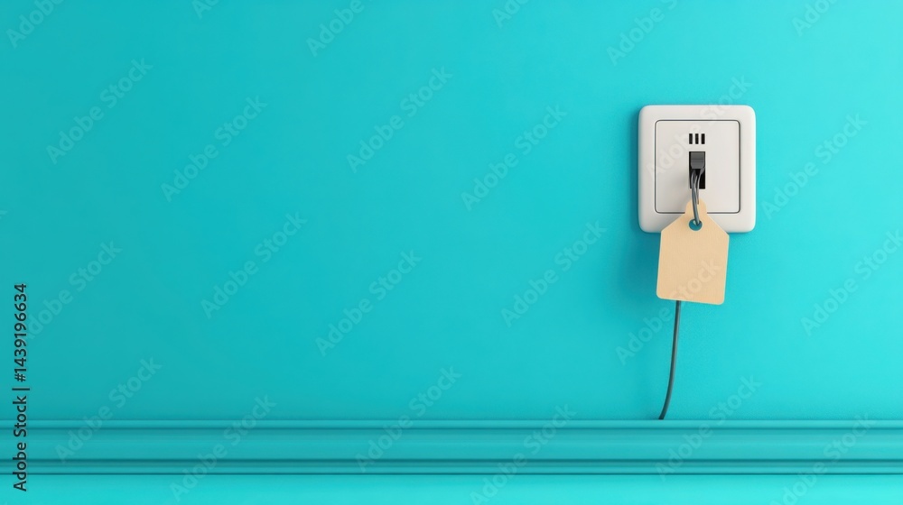Poster wall socket with a price tag inserted instead of a plug, minimalist conceptual image about electrici