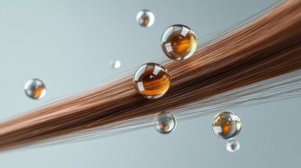 Microscopic view of hair strand featuring water droplets showcasing texture and shine in a serene environment