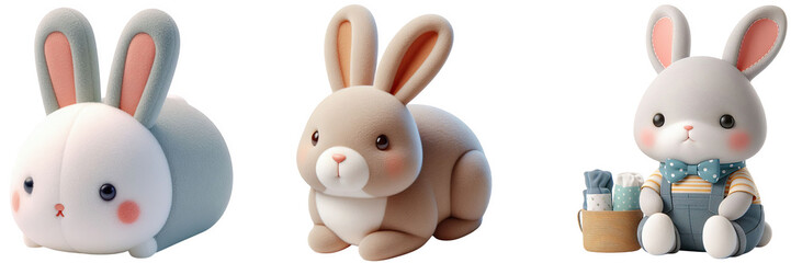 Obraz premium Three easter bunny plush toys with different designs on a black background display