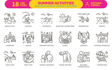 Summer activities icon set. Thin line editable stroke icons for holidays, beach vacations, outdoor adventures, camping, surfing, swimming, hiking, travel, festivals, relaxation, road trip and fun.