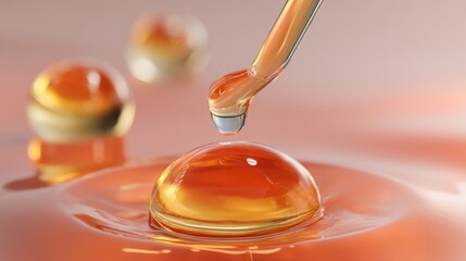 Droplet descending into amber liquid creating ripples in a serene setting while capturing the essence of beauty and tranquility