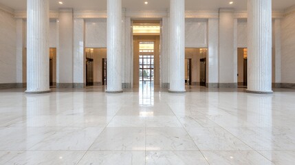 Elegant Hallway with Marble Columns and Reflective Flooring