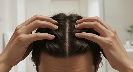Naklejka premium Person Gently Touching Dark Brown Hair Examining Scalp Health in a Blurred Bathroom Setting for Hair Care and Dermatological Illustration