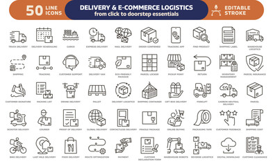 Delivery and E-commerce logistics icon set. Thin line editable stroke icons. Online shopping, shipping, tracking, courier services, warehouse, payment, customs, transportation, supply chain operations