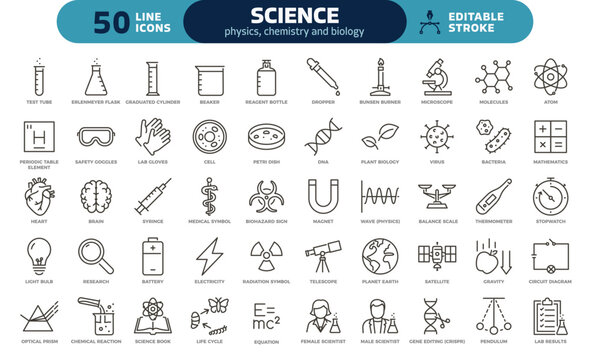 Science icons set &ndash; thin line, editable stroke vectors for physics, chemistry, biology research, sciences and laboratory education