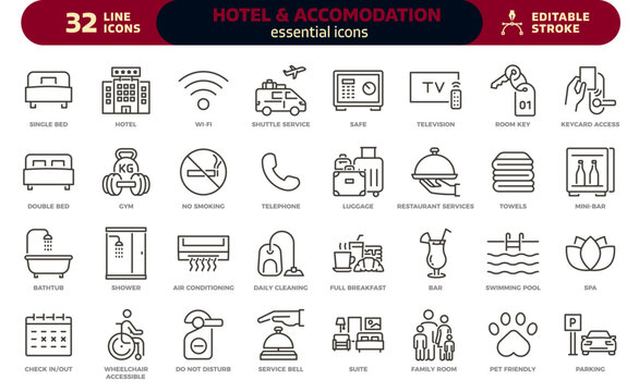 Hotel and accommodation icon set. Thin line editable stroke icons for hotels, travel services, guest rooms, hospitality, amenities, vacation stays, resort facilities, tourist lodging, booking