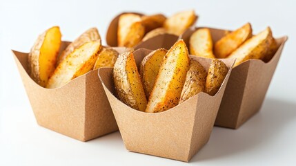 Group of carton boxes half-filled with golden potato wedges on white background