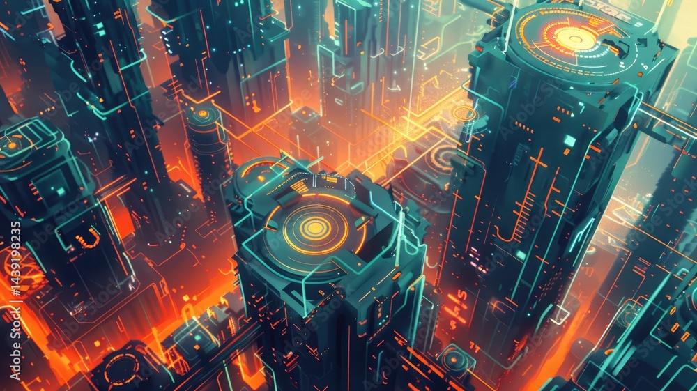Poster abstract digital shape and particle technological cyber style design connecting become system shape 