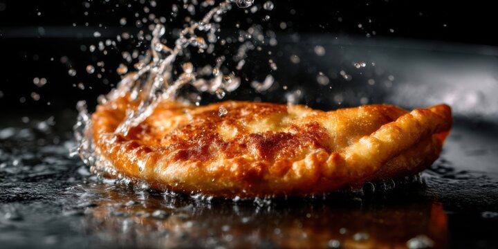 Golden pastry sizzles in hot oil as it cooks in a frying pan during a culinary preparation session