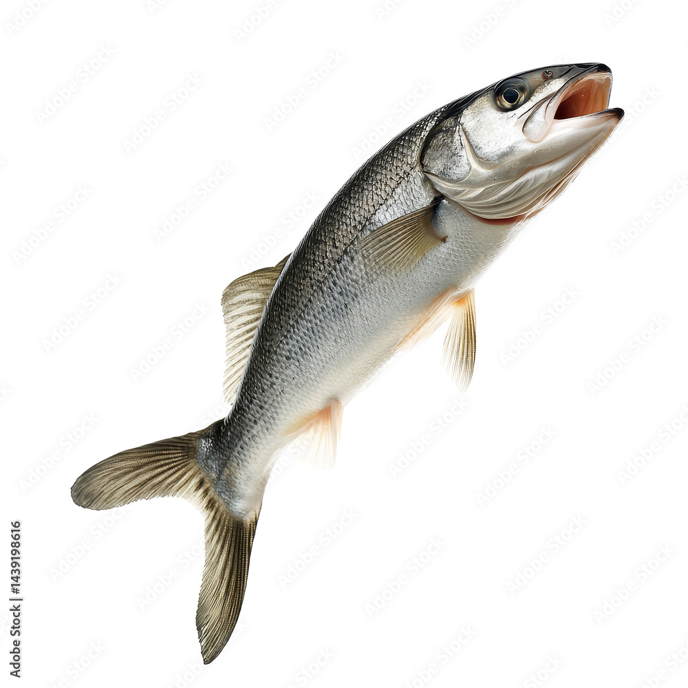 Poster real fish leaping joyfully over a transparent background showcasing its dynamic motion and natural b