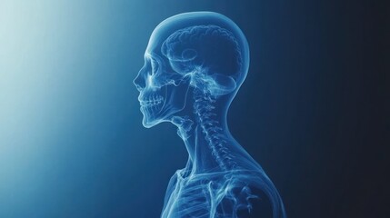 Human skull, neck, and spine anatomy, profile view, blue background, medical illustration