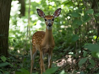 Cute young deer stands in a forest of lush greenery, looks at the camera in daylight. Nature, wildlife