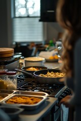 A kitchen scene with pans on the stove and containers ready. A parent makes extra dinner to save portions for later. The mood is practical and caring 