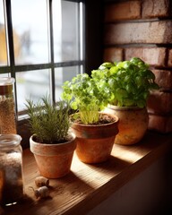 Growing your own vegetables in your own garden. Sunlit Herbs in Terracotta Pots on a Rustic Windowsill