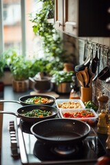 A kitchen scene with pans on the stove and containers ready. A parent makes extra dinner to save portions for later. The mood is practical and caring 