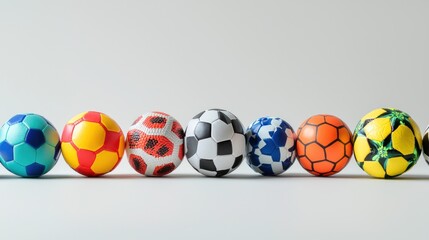 Group of different size soccer balls for kids and adults on white background.
