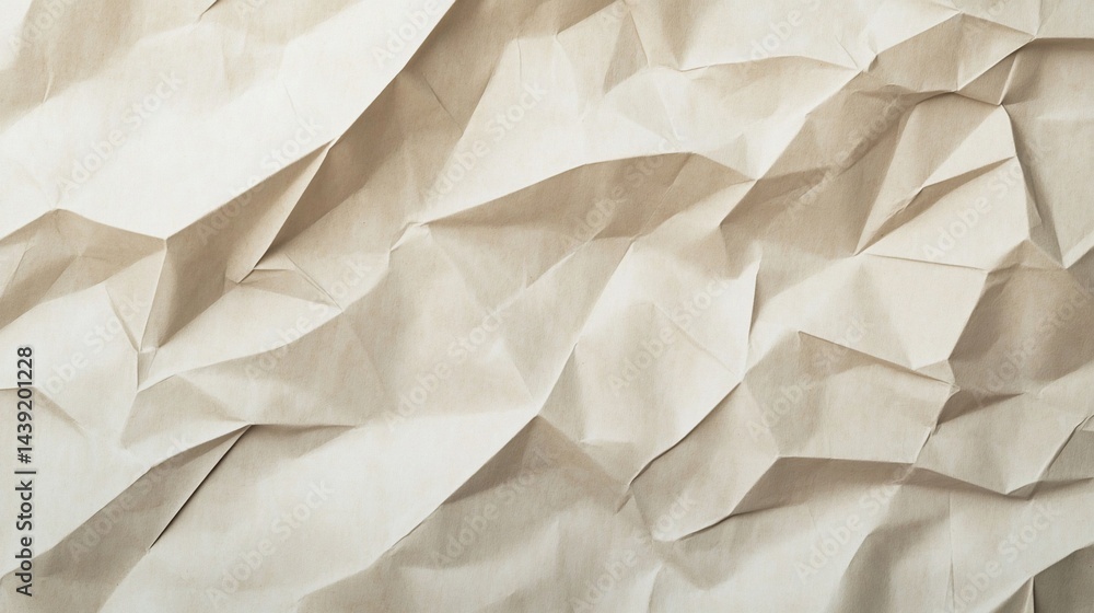 Poster close-up shot of crumpled beige paper texture creating a unique abstract pattern
