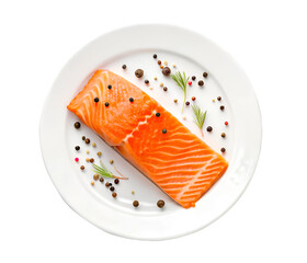 Top view photo of a fillet or piece of raw salmon meat with pepper and other spices prepared for cooking on white plate isolated and generated with AI in png file format