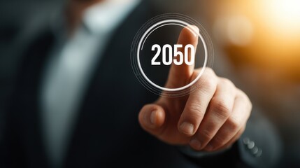 Future projection involves a businessman pointing at 2050 in a modern setting, representing innovation and forward-thinking concepts