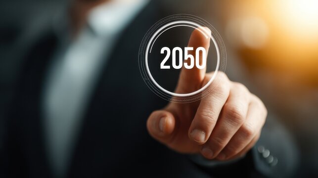Future projection involves a businessman pointing at 2050 in a modern setting, representing innovation and forward-thinking concepts