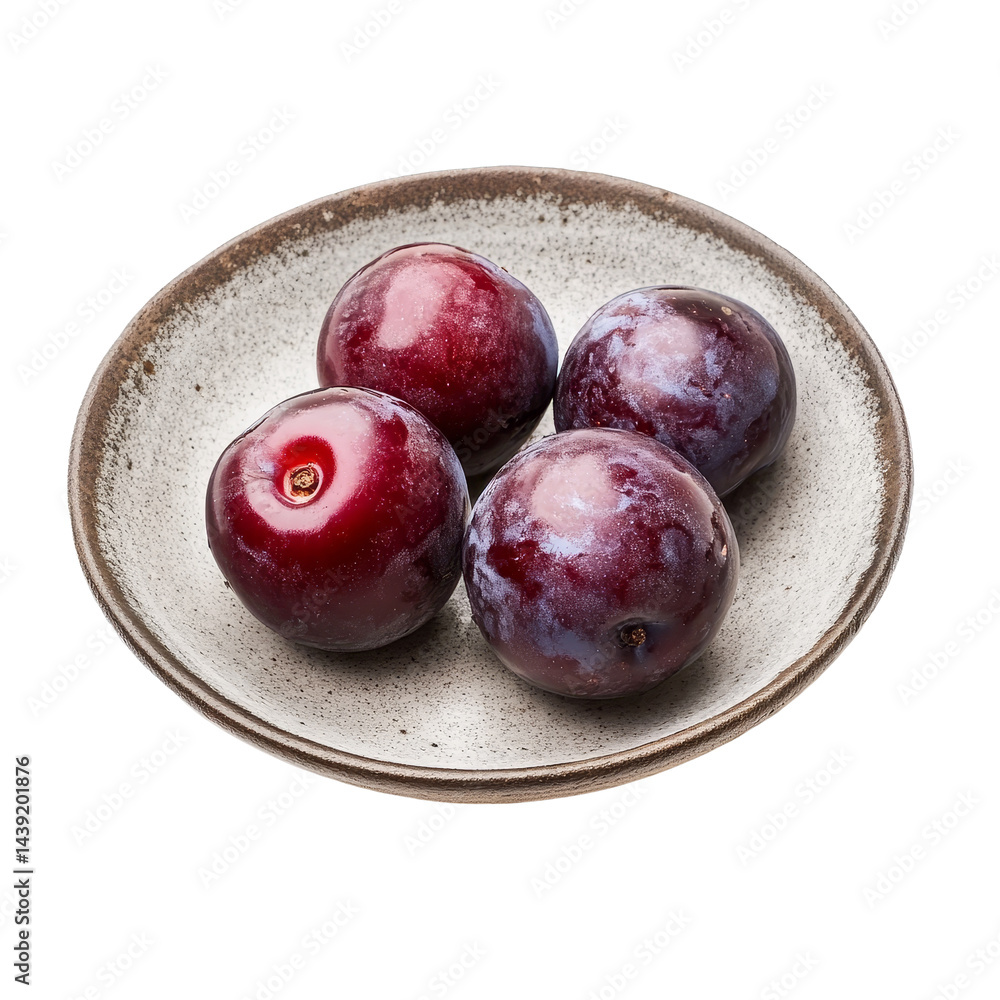 Poster Fresh plums arranged in a simple plate on a clean transparent background showcasing their vibrant color and texture, plum in a plate isolated on transparent background