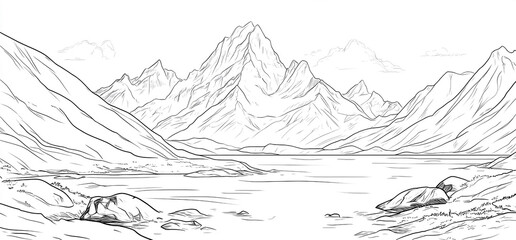 Line Art: Serene Mountain Lake Scenery with Majestic Peaks and Rocky Shores