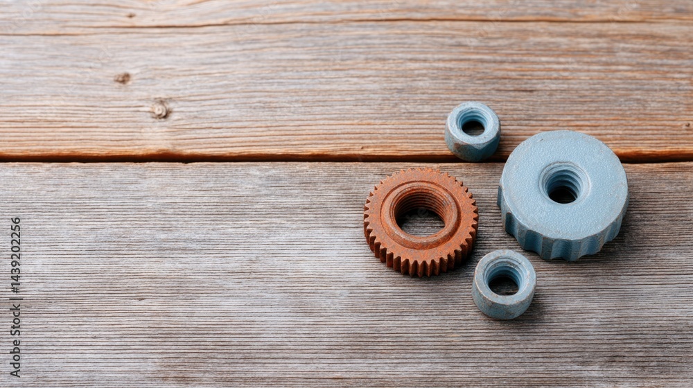 Aufkleber rustic metal gears and vintage industrial tools laid out on plain wooden surface creating unique com