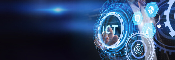 ICT Information communication technology internet concept on virtual screen.