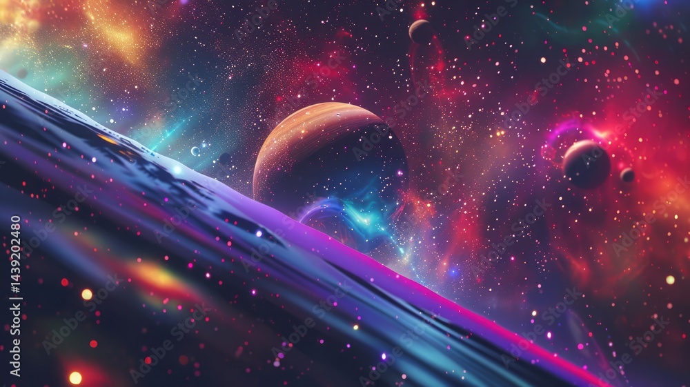 Poster galaxy scene of vibrant planet inside outer space orbit with vividness of light from nebula or star.