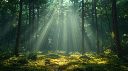 Obraz premium Sunlight streams through a mystical forest