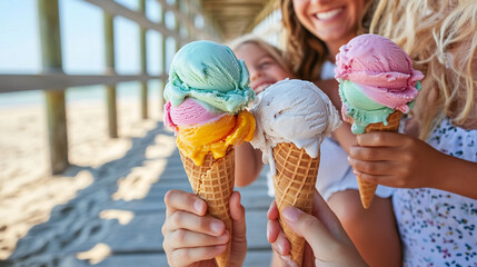 Family enjoying ice cream cones under a beach boardwalk, melting colorful scoops, sunny summer afternoon, playful and delicious family memory, tropical travel vibe,
