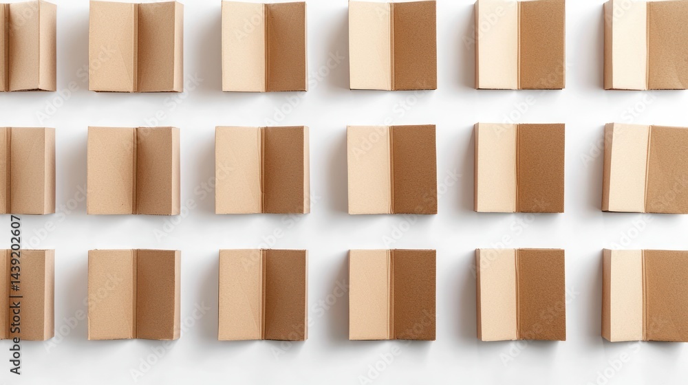 Poster group of empty folded carton boxes arranged on white background