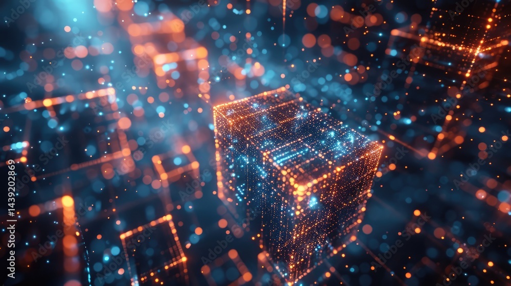 Poster explore a vibrant abstract technology background featuring glowing cubes and dynamic light patterns 