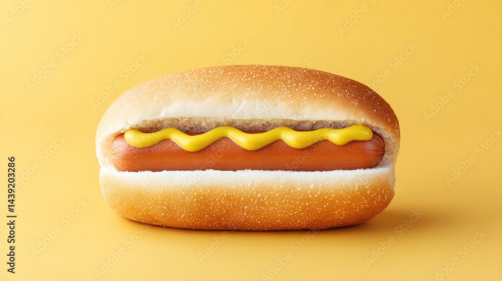 Poster show single hot dog on smooth solid color background with ample copy space