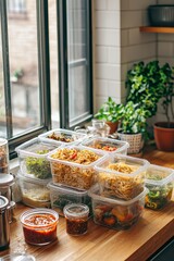 A small apartment kitchen with reusable containers stacked on the table. A couple portions out pasta and sauce for several days. The mood is calm and prepared
