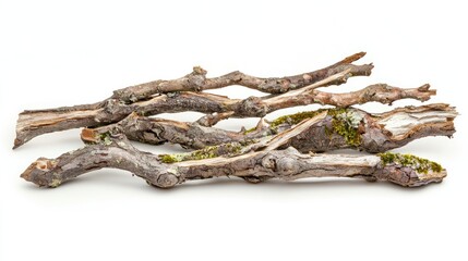 Group of fallen branches with peeling bark and moss on white background.