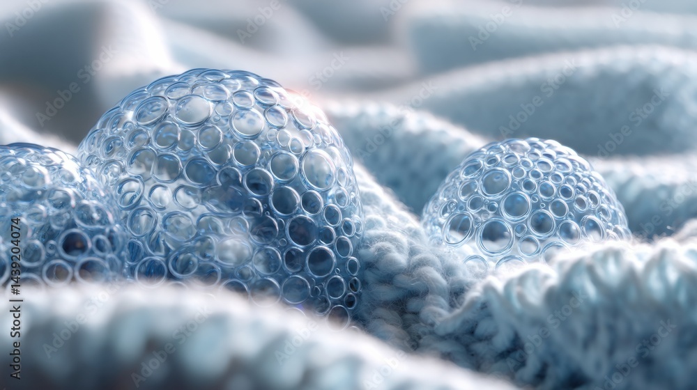 Poster bubbles resting on a textured light blue surface create an ethereal and serene atmosphere with soft 