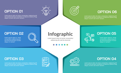 Simple 6 option infographic presentation slide. Banner, Brochure, Plan and Strategy. Vector illustration.