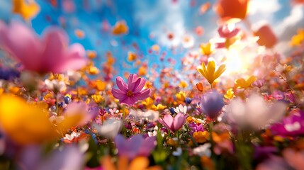 Field of Colorful Flowers Blooming Under a Bright Blue Sky