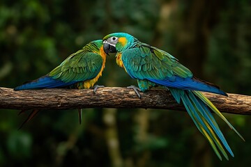 exotic parrot species on branch in tropical forest