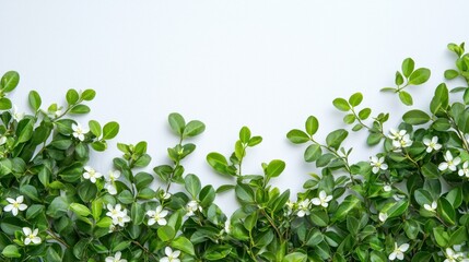 Fototapeta premium Group of garden bushes with tender green leaves and small white flowers scattered on a white background.
