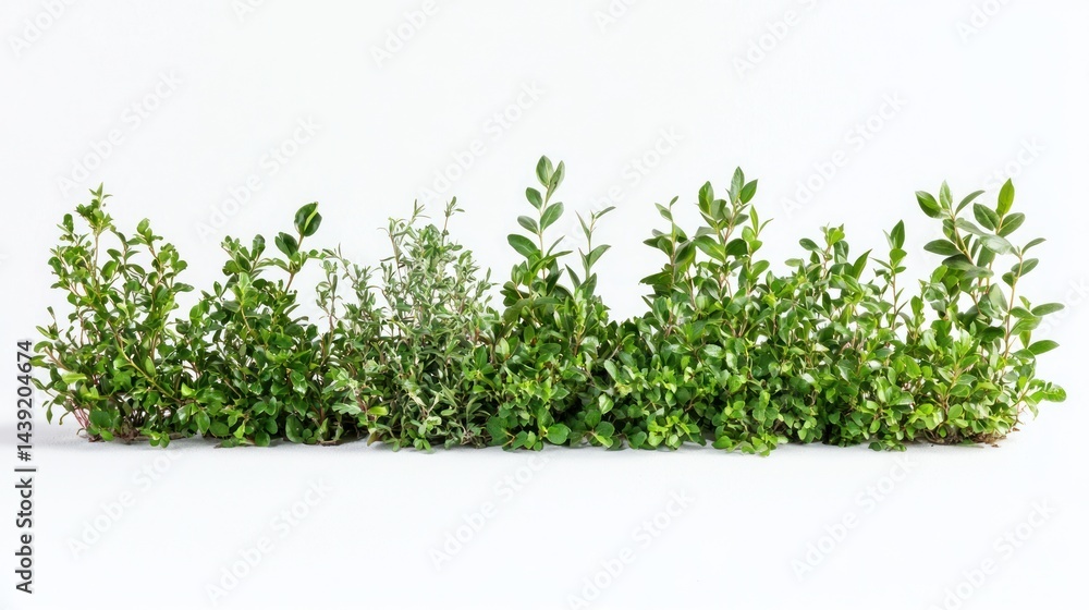 Poster group of garden bushes with unique leaf structures, featuring both broad and narrow leaves on a whit