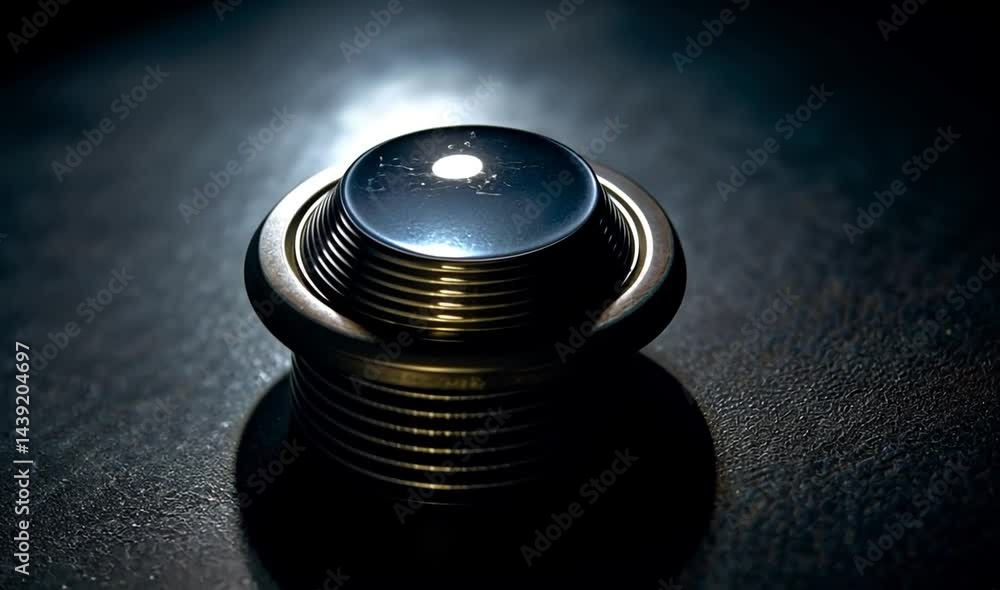Poster close-up of a metallic button with intricate design, illuminated against a dark background