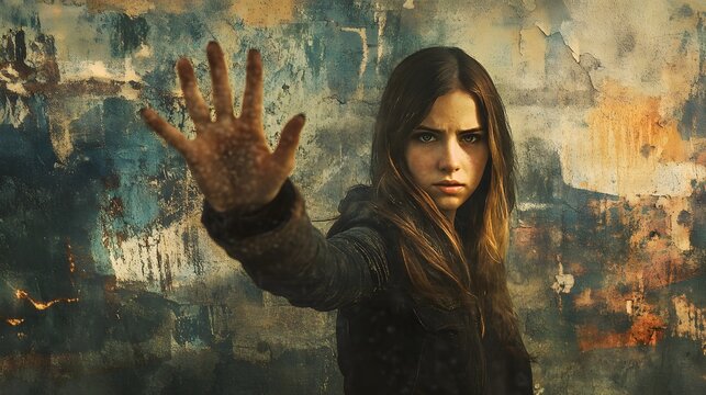 A young woman's defiant stance against a weathered wall.