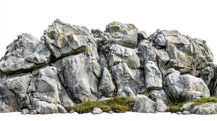 Group of granite cliffs with rough, layered surfaces on white background