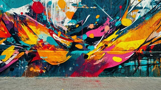 Dynamic urban art mural: vivid colors in motion on a city wall