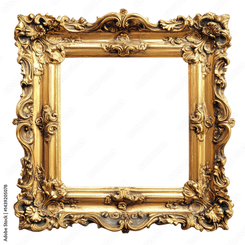 Poster antique golden frame with intricate details isolated on a transparent background for artistic displa